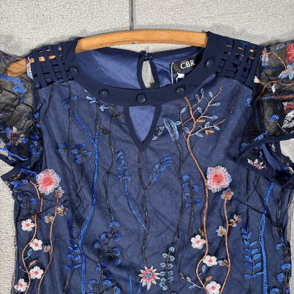 NWT CBR Top Womens Size M Navy Blue Layered Mesh Embroidered Ditsy Forest Fairy - Picture 2 of 14